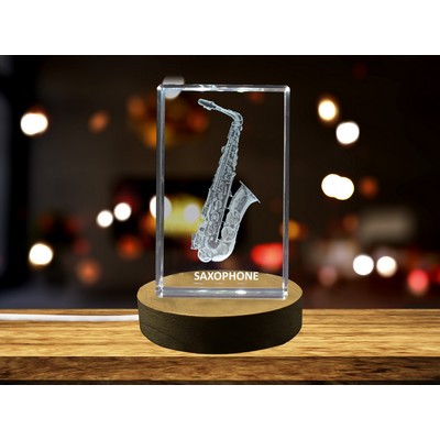 Saxophone 3D Engraved Crystal Keepsake Award Trophy - Canada Made with Free LED Base - Recognition