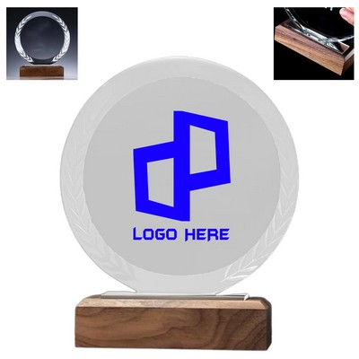 Round K9 Crystal Award With Wooden Base