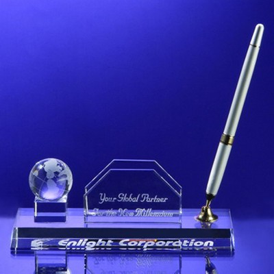 Awards-Business card holder with Globe Pen Set w/Silver Pen.2-3/4" high
