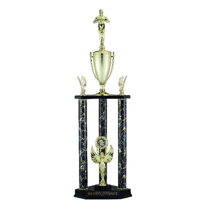 Black/Gold Three Column Trophy with Cup and Trim (Takes Figure and Insert)