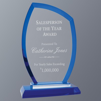 Regal Peak Glass Award with Blue Edges and Base, Medium (4-3/4"x 7-1/2"H)