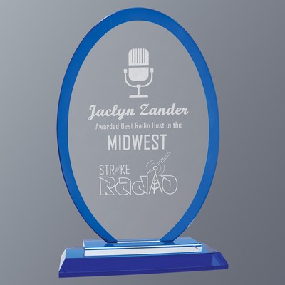 Regal Oval Glass Award with Blue Edges and Base, Large (5-1/2"x 9-1/2"H)
