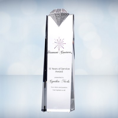 8 1/4" Color Imprinted Luxury Diamond Tower Optical Crystal Award w/ Metal Diamond