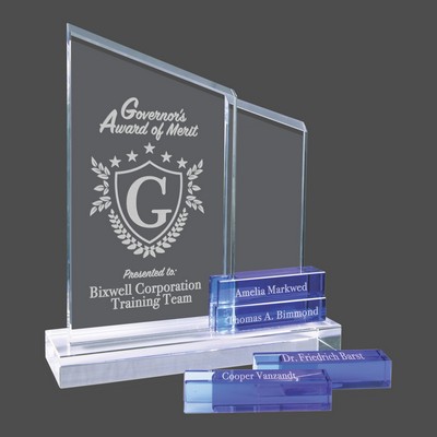 Crystal Perpetual Standup Plaque Award w/Blue Crystal Blocks (8"x9")