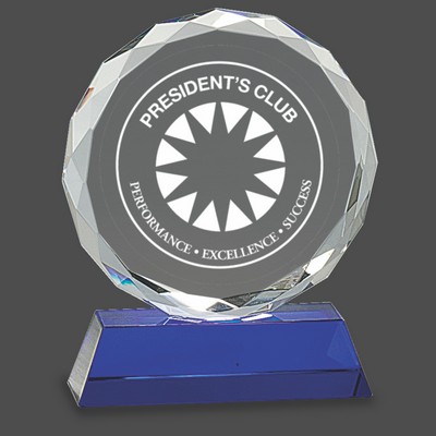 Round Facet Crystal Award on Blue Pedestal Base (6")