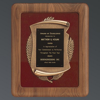 Genuine Walnut Plaque with Black Brass Plate on Cast Metal Scroll, Red Velour Background, 14"x17"