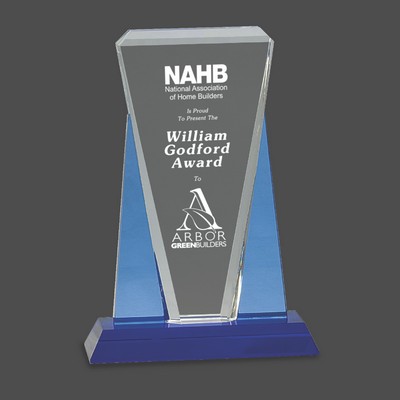 Clear/Blue Wedge Crystal Award on Blue Pedestal Base (7"x10")