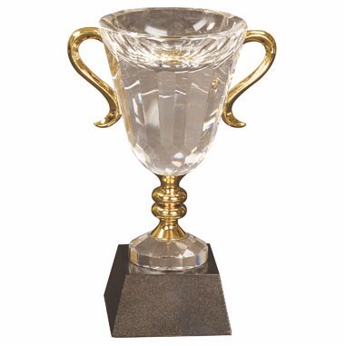 10" Crystal Cup with Gold Handles & Stem in Black Marble Base