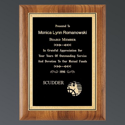 Genuine American Walnut Rectangle Plaque, Black Brass Plate w/Gold Florentine, X-Large (11"x14")