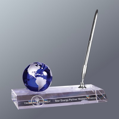 Blue Crystal Globe and Pen Set, 7"x3"x3"