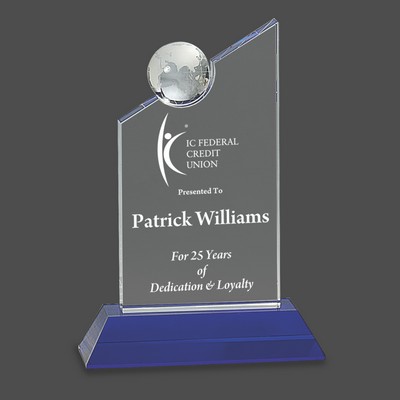 Clear Crystal Award w/Inset Crystal Globe and Blue Base