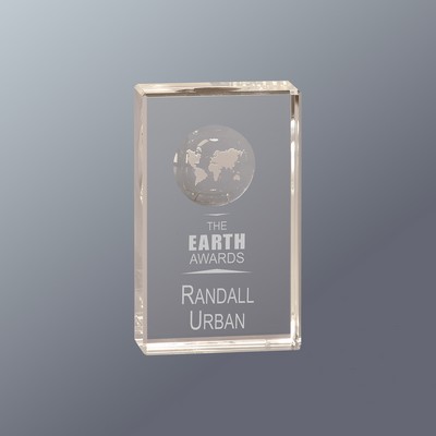 Clear Crystal Rectangle with Globe Etching, Small (3"x 5"H)