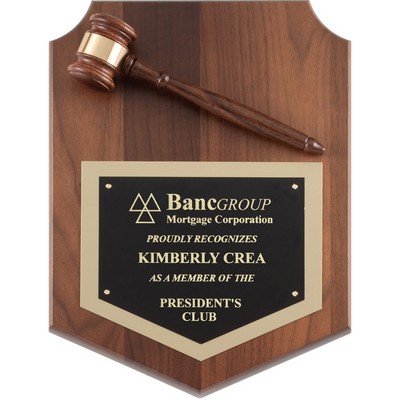 Genuine Walnut Gavel Shield with Matching Gavel with Black Brass Plate , 12"x9"