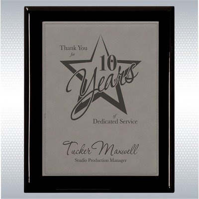 Black Piano Finish Wood Plaque w/Gray Leather Plate (9" x 12")
