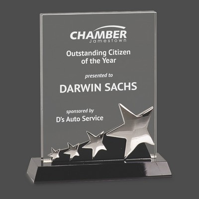 Rectangle Crystal Award w/Silver Stars on Black Pedestal Base (7")