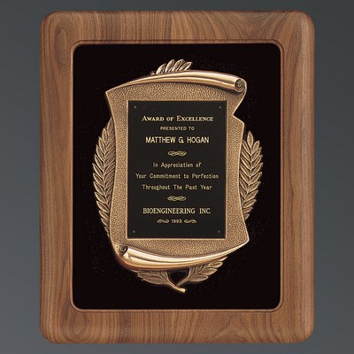 Genuine Walnut Plaque with Black Brass Plate on Cast Metal Scroll, Black Velour Background, 14"x17"
