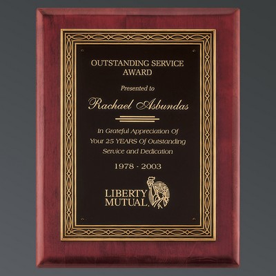 Rosewood Piano Finish Plaque, Black Plate w/Ornate Gold Florentine, 11"x14"