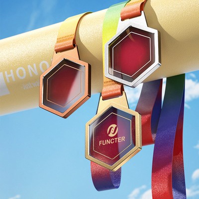 Hexagonal Man Made Crystal Aluminum Alloy Award Medal UV Coated On Background Side