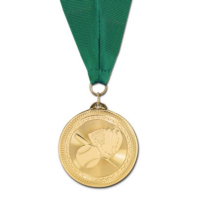 Baseball Brite Laser Medal w/Grosgrain Neck Ribbon (2")