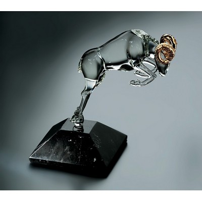 Hand Blown Crystal Ram w/ 22 Karat Gold Horns & Marble Base