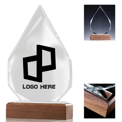Water-Drop Shape K9 Crystal Award With Wooden Base