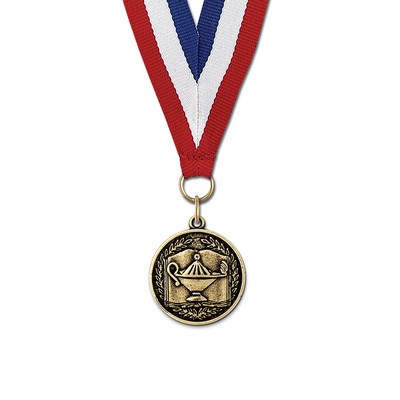 Lamp of Learning Cast CX Medal w/Red/White/Blue or Year Grosgrain Neck Ribbon (1 1/8")