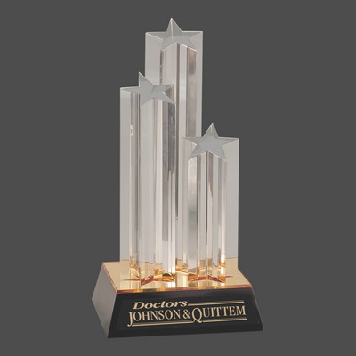 Clear Triple Star Column Acrylic Award w/Gold/Black Base (11¾")