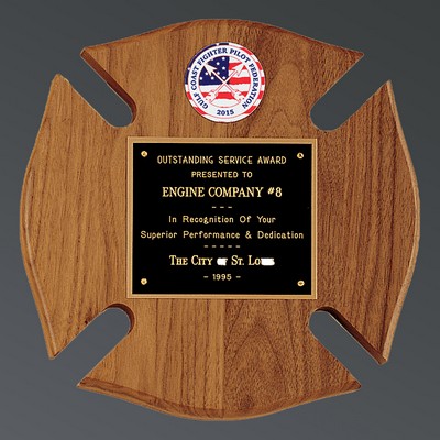 Walnut Maltese Cross Plaque, with 2" Red FD Insignia, 10"x10"