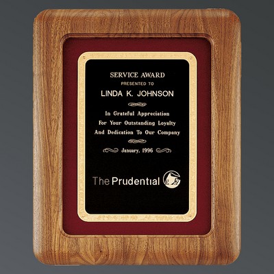 Genuine American Walnut Plaque with Recessed Black Brass Plate and Red Velour Background, 12"x15"