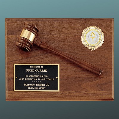 Solid Walnut Gavel Plaque with Banded Walnut Gavel with Black Brass Plate and 2" Insert, 9"x12"