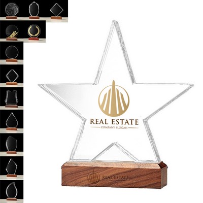 Crystal Star Award Trophy with Wooden Base
