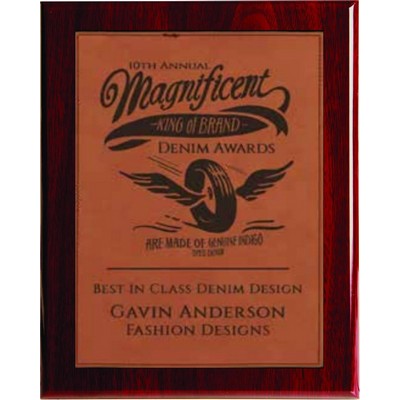 Rosewood Piano Finish Plaque with Rawhide Faux Leather Plate, 9 x 12"