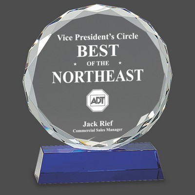 Round Facet Crystal Award on Blue Pedestal Base (7")