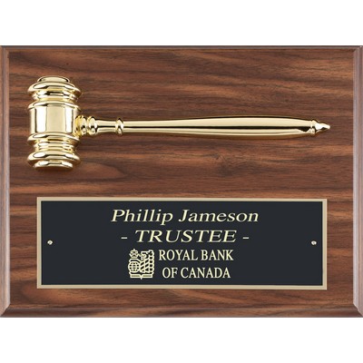 Walnut Finish Economy Gavel Plaque with Electroplated Brass Gavel, Black Brass Plate, 9"x12"