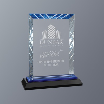 Blue Rectangle Accent Glass on Black Crystal Base, Small (6"x 7"H)