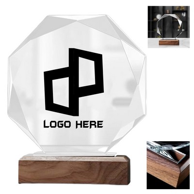 Octagonal K9 Crystal Award With Wooden Base