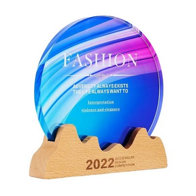 Round Crystal Recognition Award with Wooden Pedestal