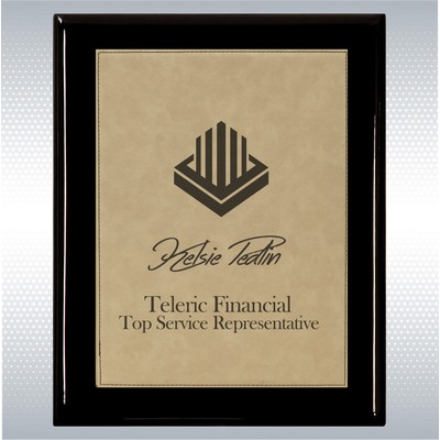Black Piano Finish Wood Plaque w/Lt. Brown Leather Plate (9" x 12")